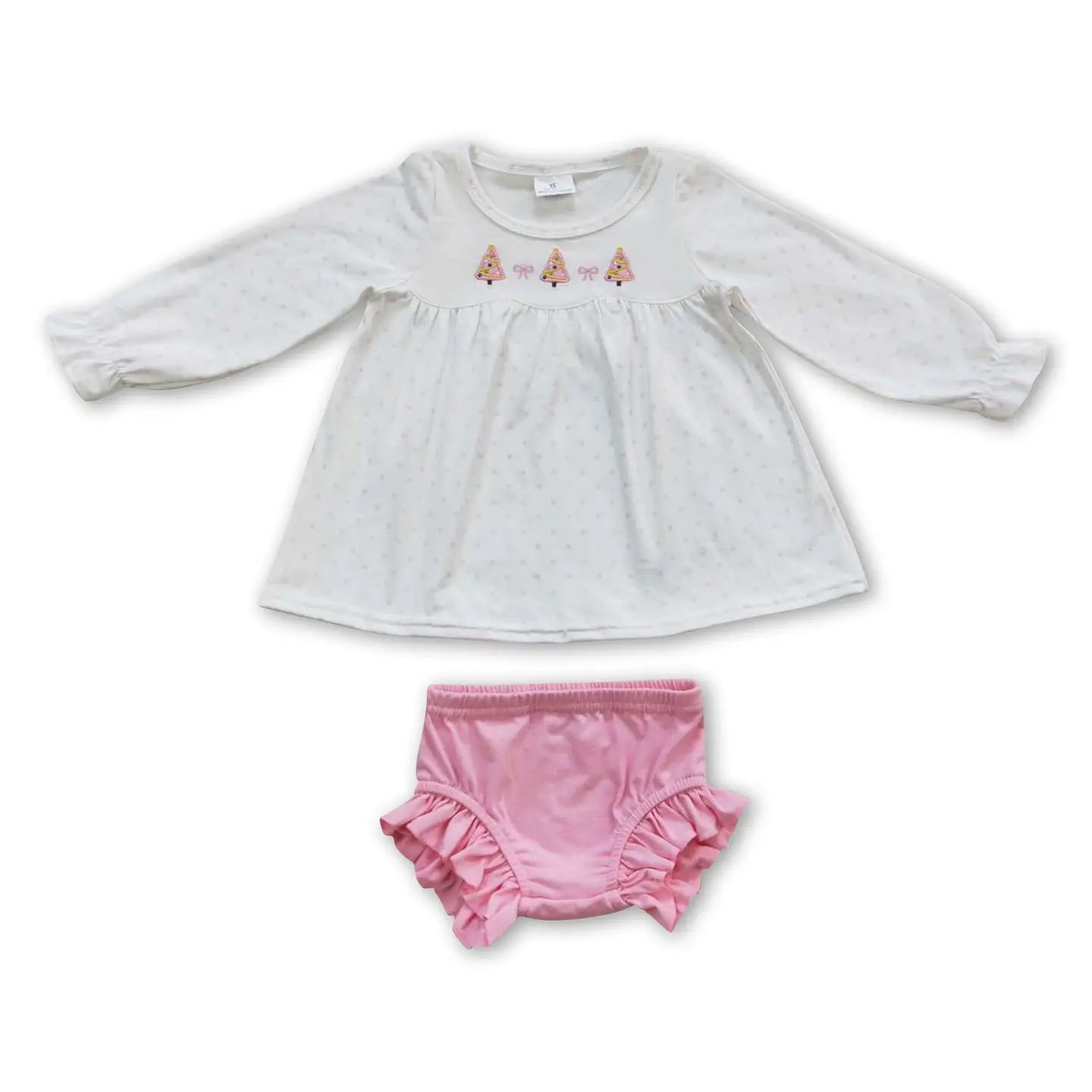 White Scalloped Pink Trees Bummies Set