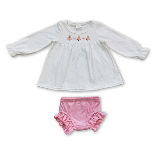 White Scalloped Pink Trees Bummies Set