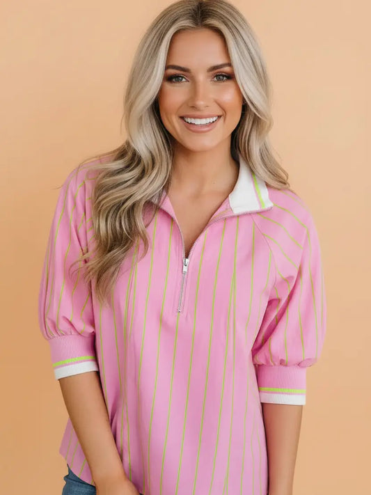 Pink Stripe Half Zip Collared Blouse