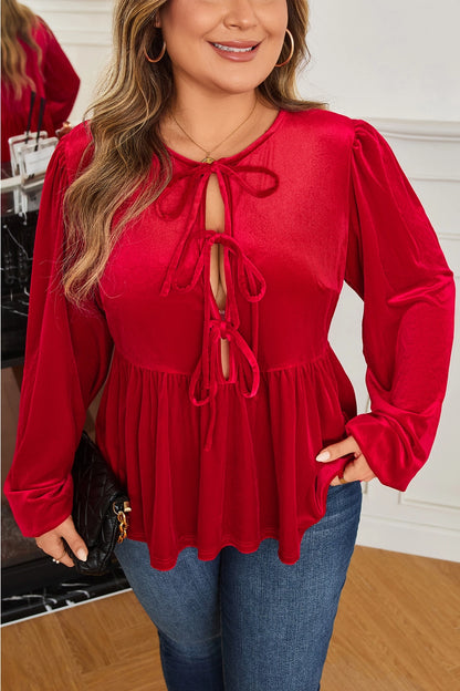 Velvet Tie Front Peplum Blouse - Curvy