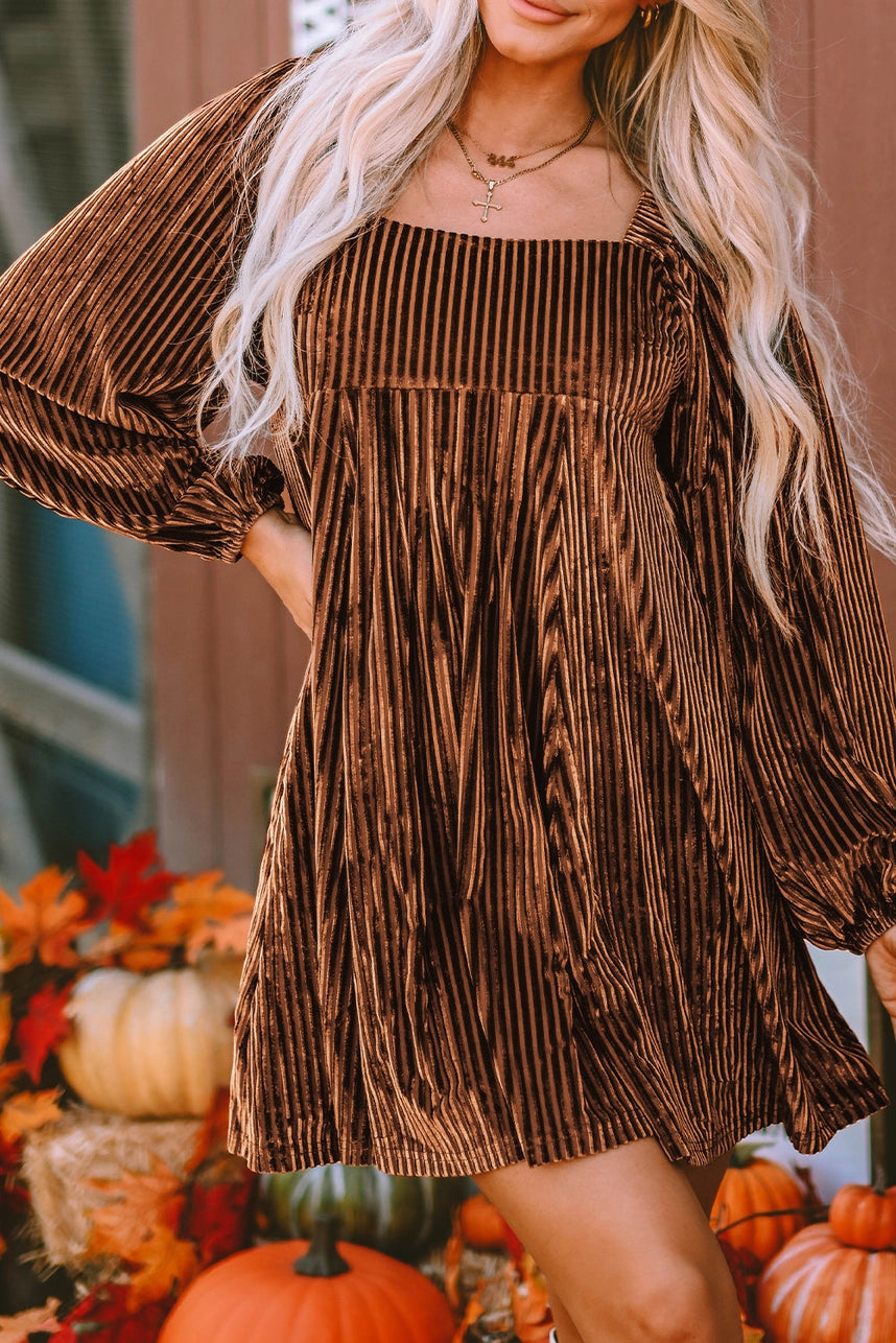 Brown Velvet Square Neck Babydoll Dress