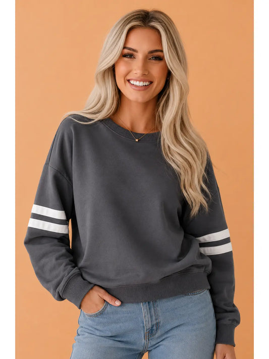 Varsity Stripe Drop Shoulder Oversized Sweatshirt - Dark Grey