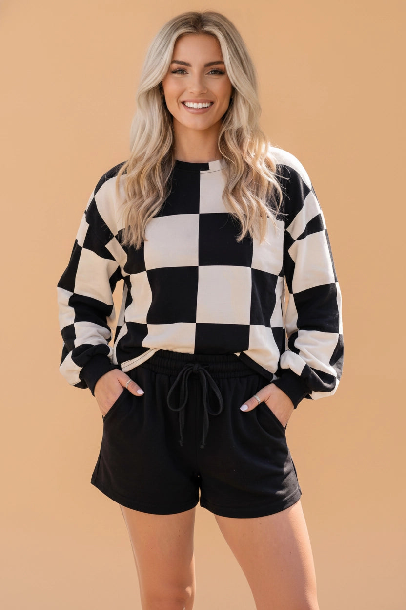 Black Checker Long Sleeve Top & Shorts Set