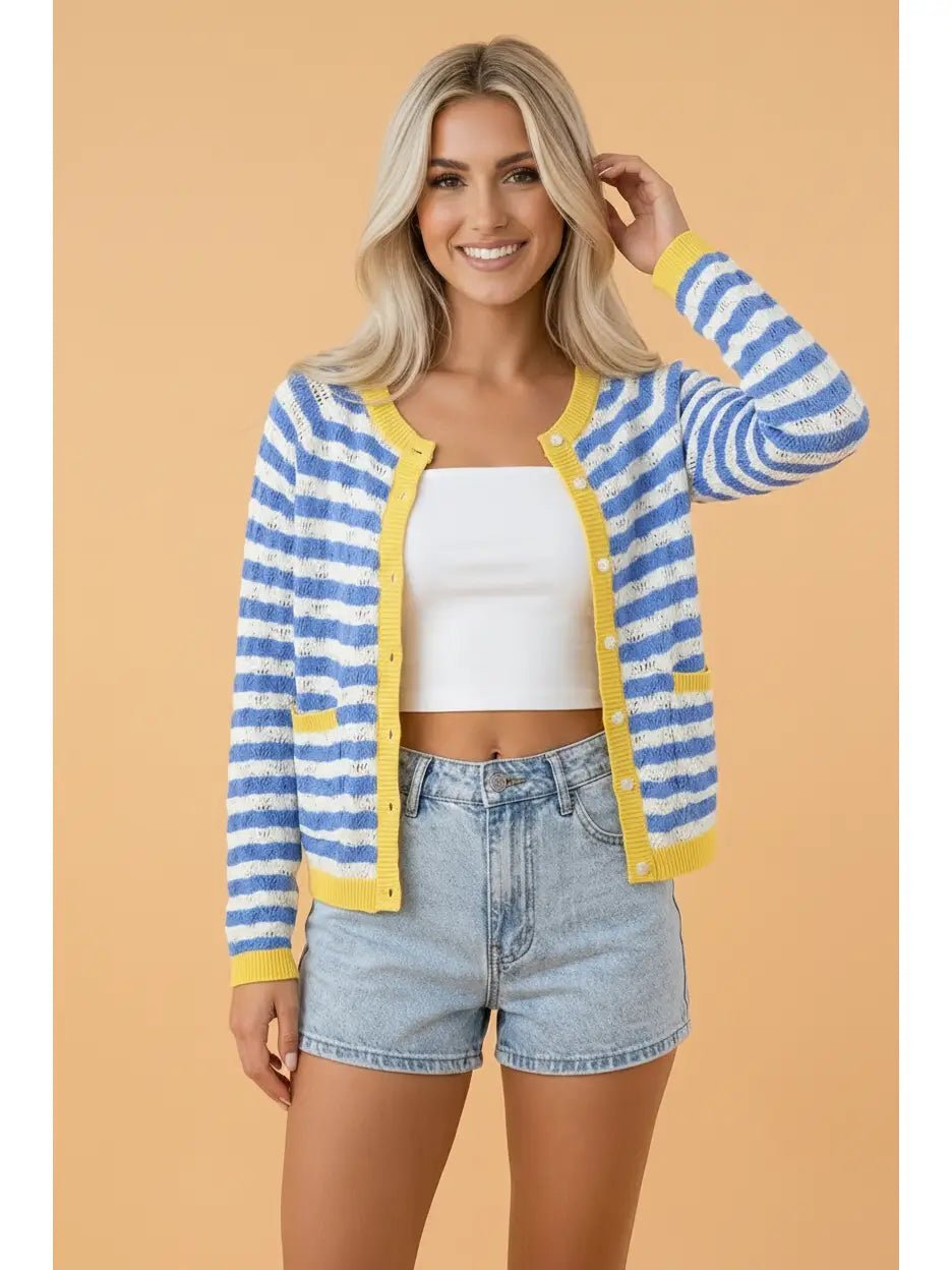 Blue Stripe Button Front Knit Cardigan