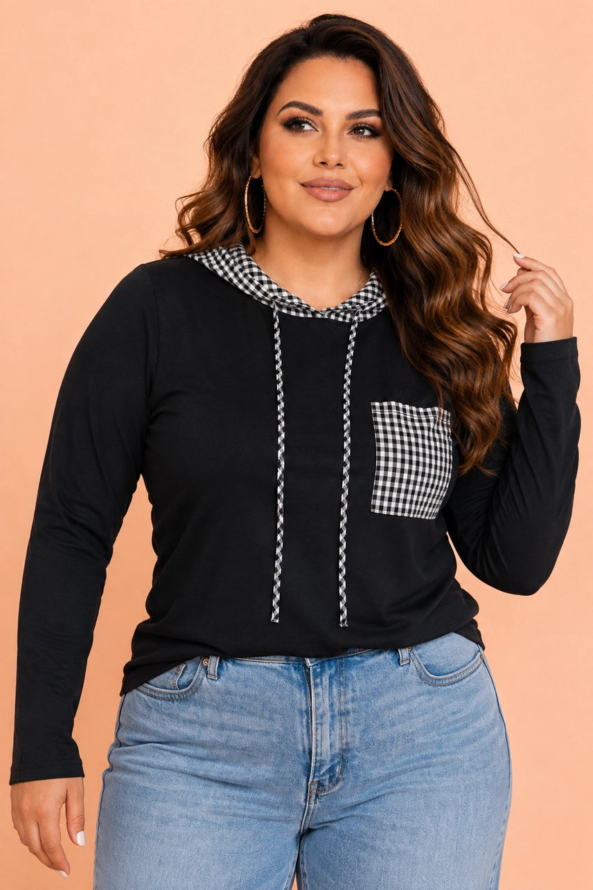 Black Gingham Sleeve Hooded Blouse - Curvy