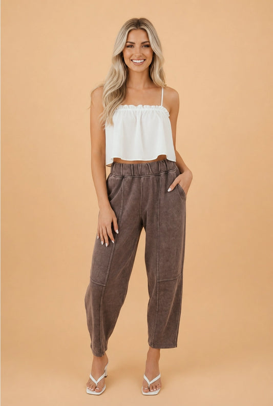 Brown Mineral Wash Elastic Waist Barrel Leg Pants