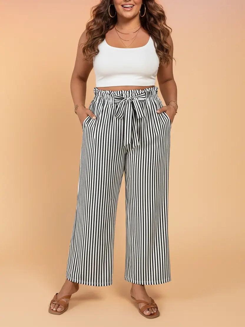 Black & White Stripe Tie Waist Straight Leg Pants - Curvy