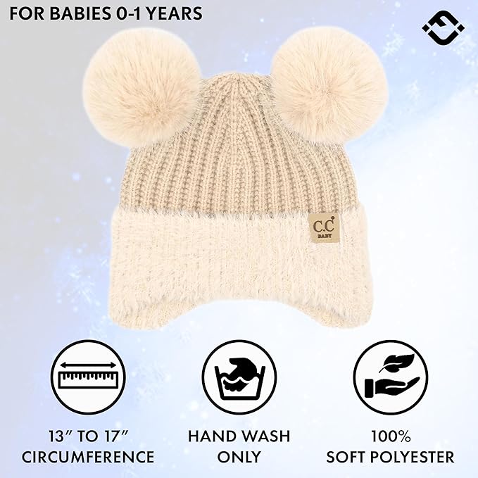 Infant Double Pom Chenille Earflap Beanie - Beige