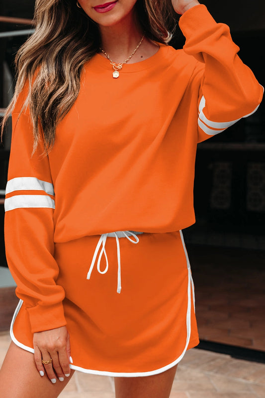 Varsity Stripe Pullover & Skirt Set - Orange