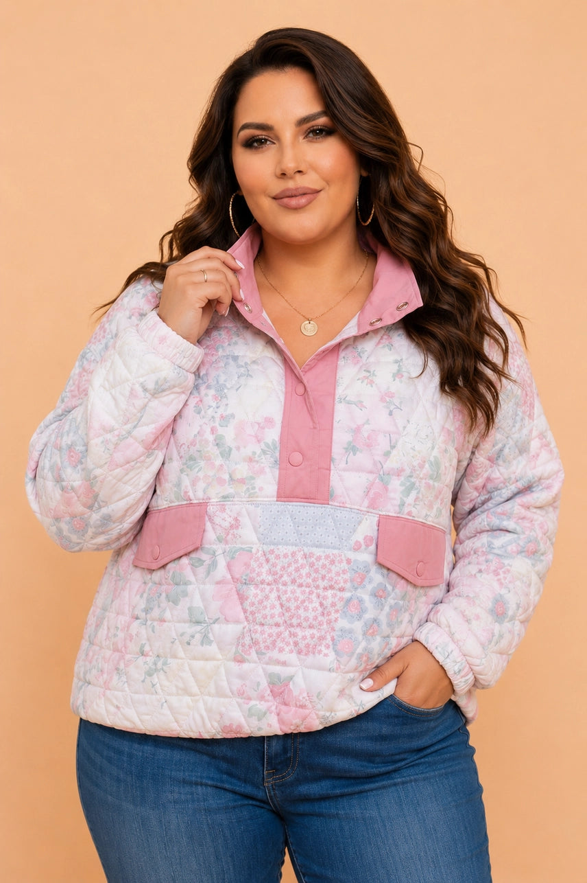 Floral Quilted Collared Sweatshirt - Curvy
