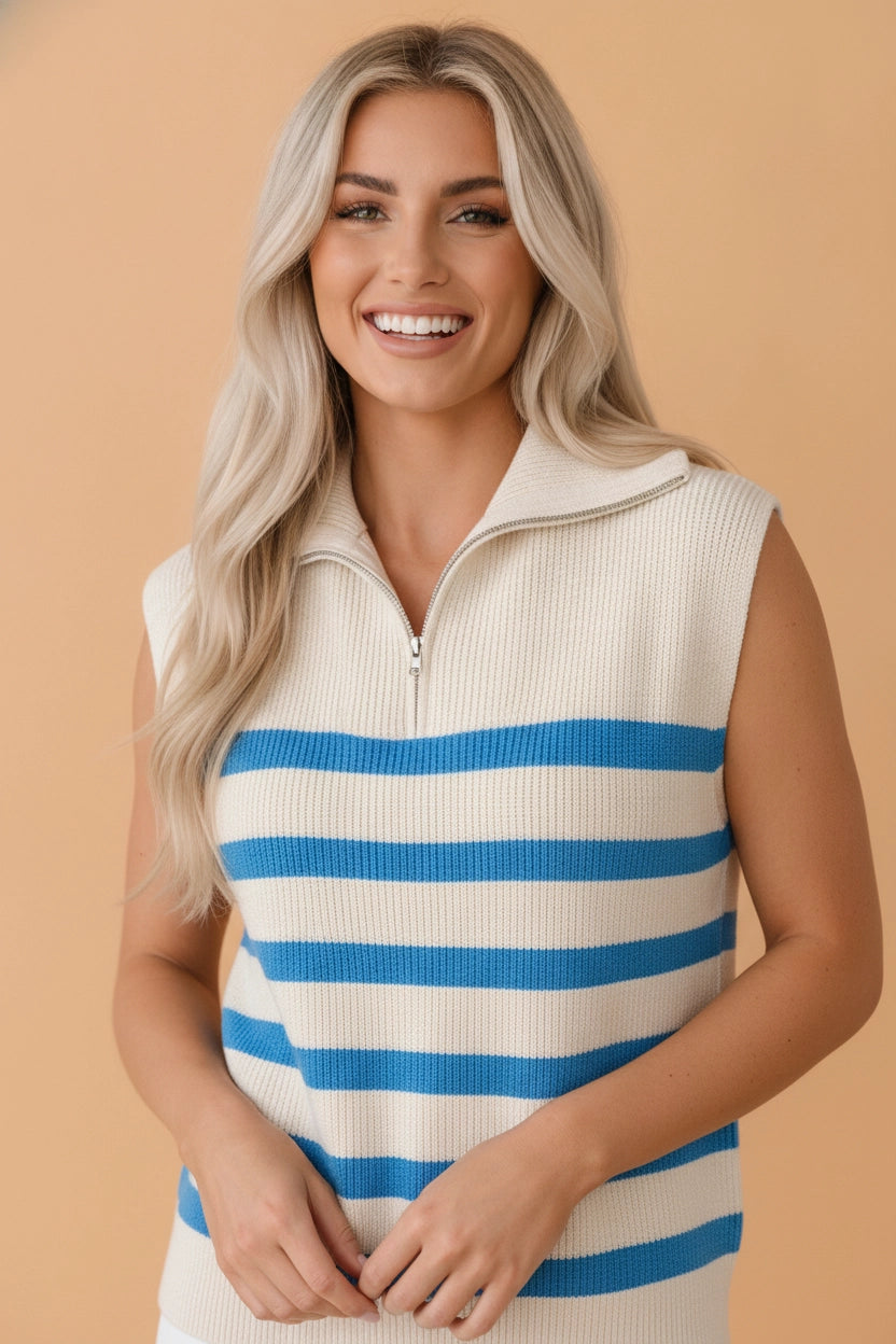 Blue Stripe Ribbed Half-Zip Sweater