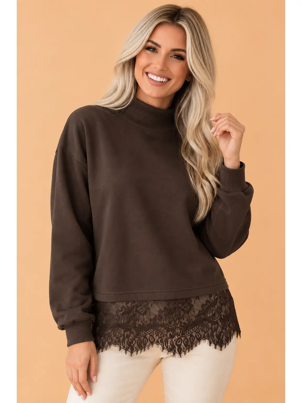 Dark Brown Mock Neck Lace Hem Sweatshirt