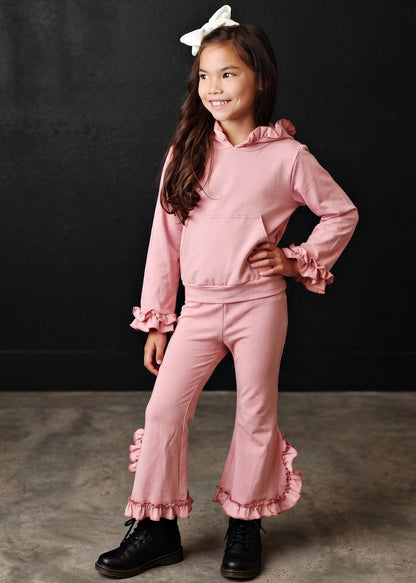 Dusty Pink Hooded Ruffle Pocket Lounge Set
