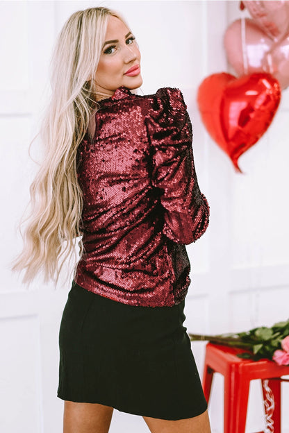 Red Sequin Mock Neck Long Sleeve Top