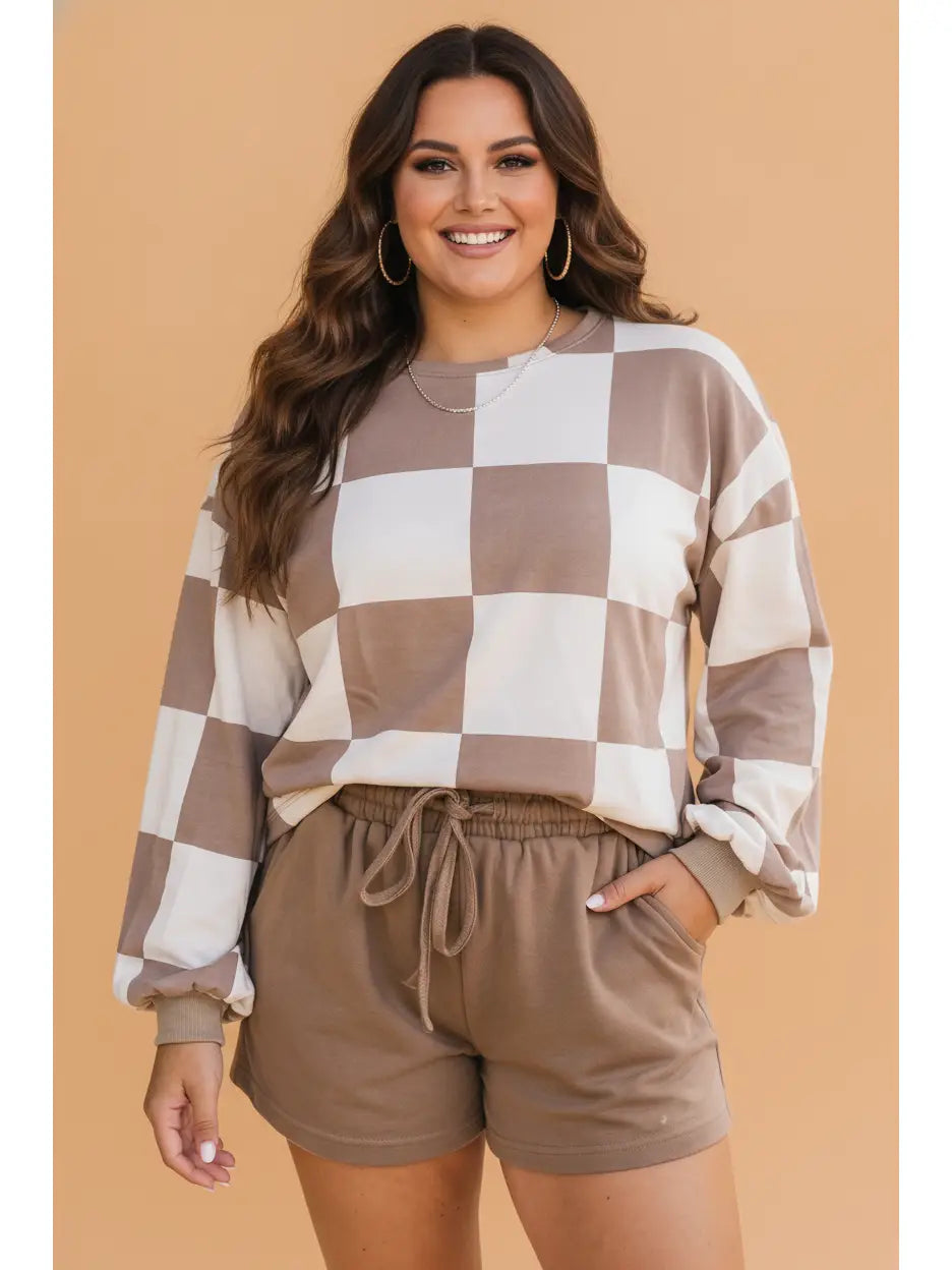 Checker Long Sleeve Top & Shorts Set - Curvy
