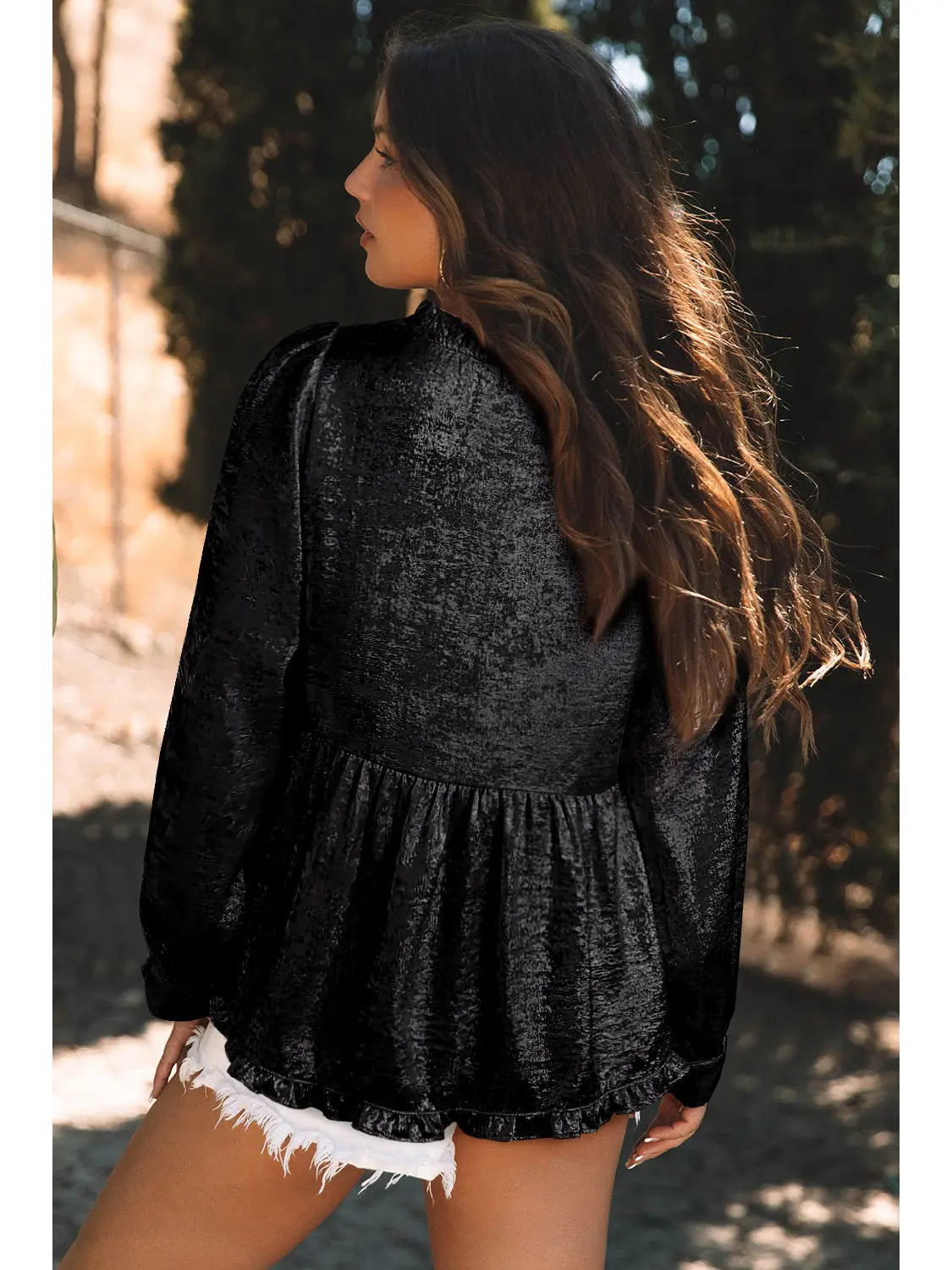 Black Metallic V-Neck Puff Sleeve Babydoll Blouse