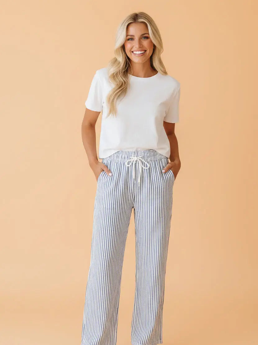 Stripe Elastic Waist Wide Leg Pants