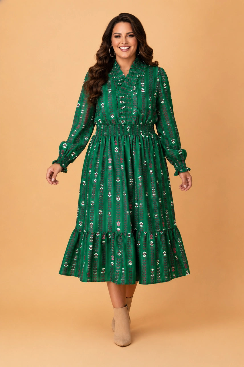 Green Floral Ruffle Midi Dress - Curvy