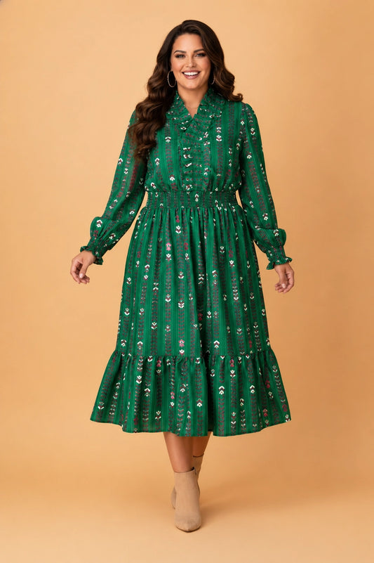 Green Floral Ruffle Midi Dress - Curvy