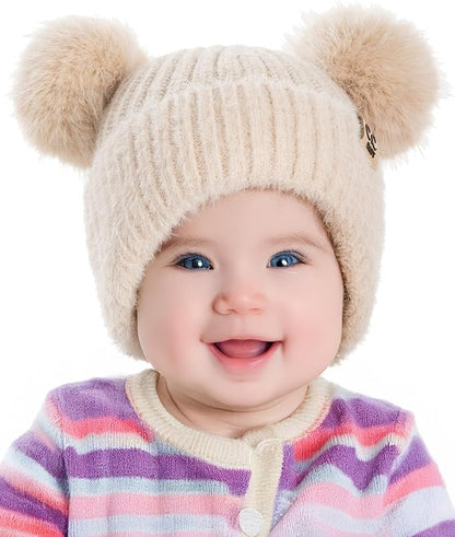 Infant Double Pom Chenille Earflap Beanie - Beige