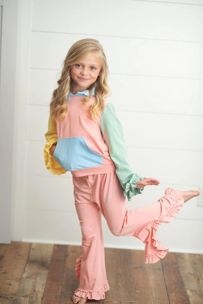 Pastel Color Block Hooded Ruffle Pocket Lounge Set