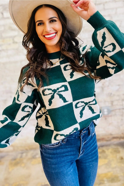 Checker Bow Crewneck Sweater