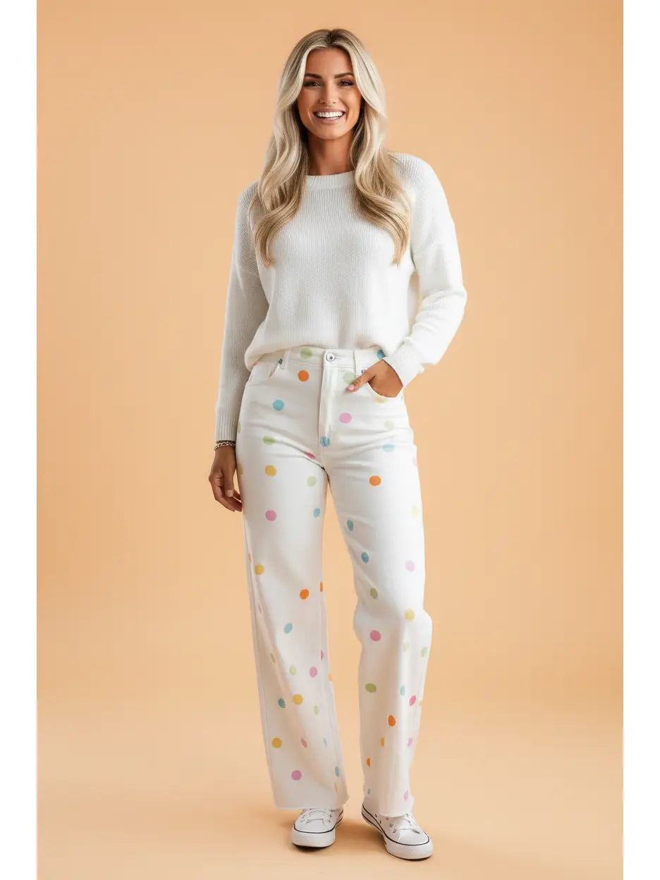 Colorful Polka Dot High Waist Straight Leg Jeans