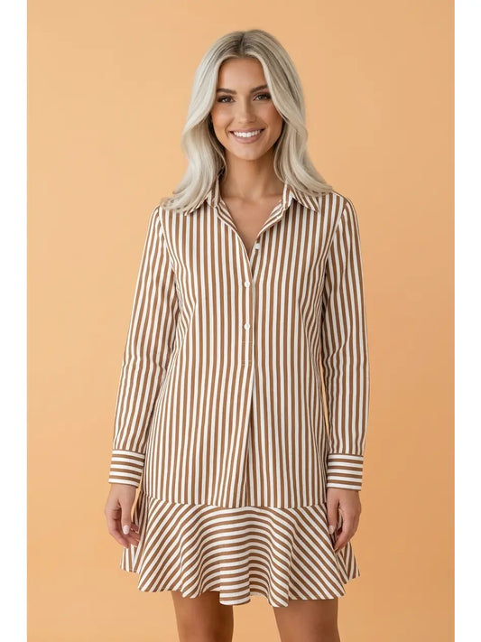 Brown Stripe Ruffle Hem Long Sleeve Dress