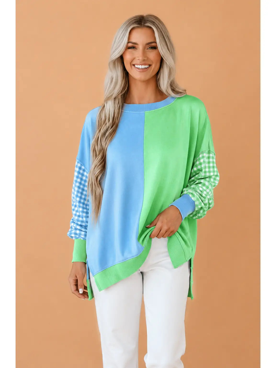 Lime & Blue Colorblock Gingham Sleeve Sweatshirt