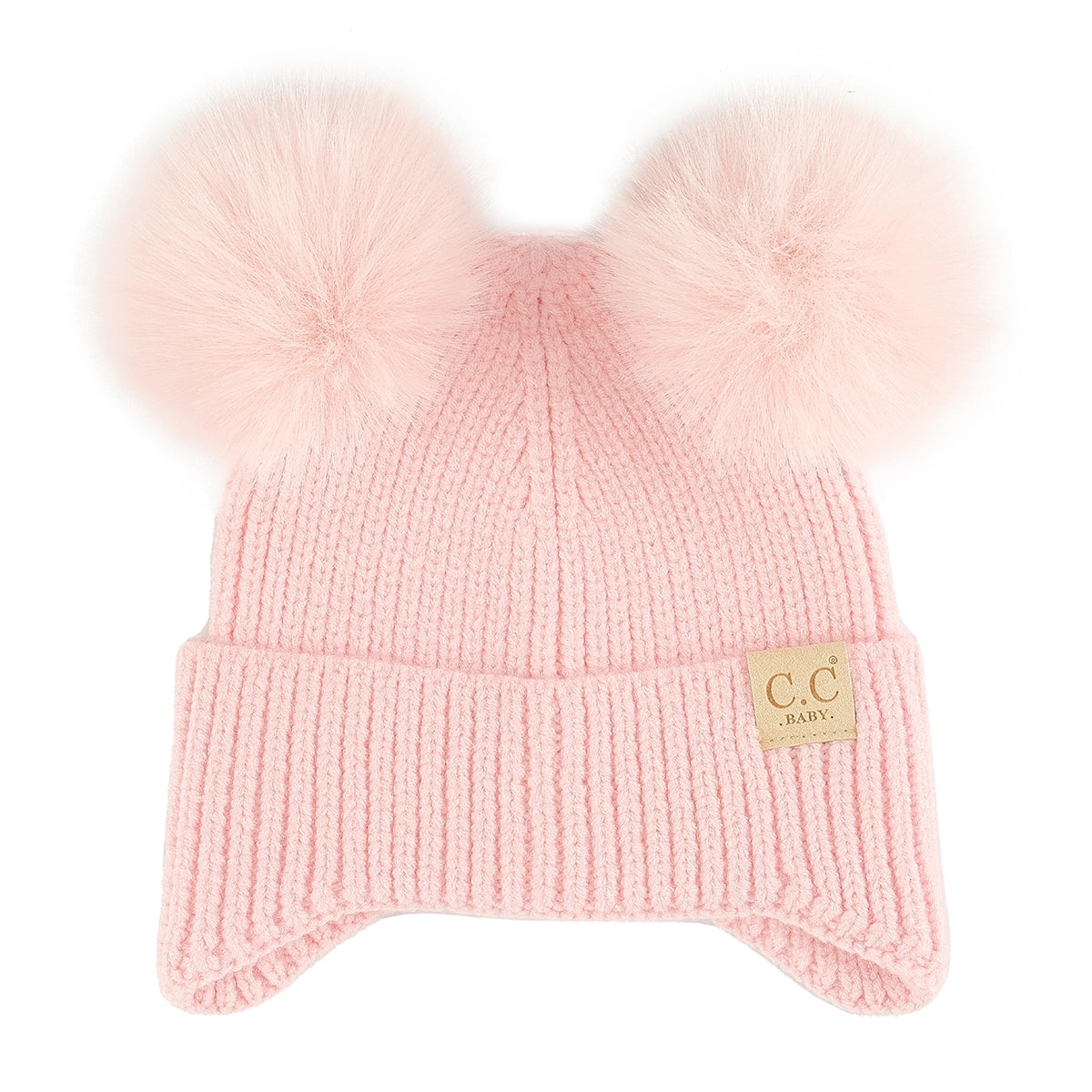 Infant Double Pom Faux Fur Earflap Beanie - Light Pink