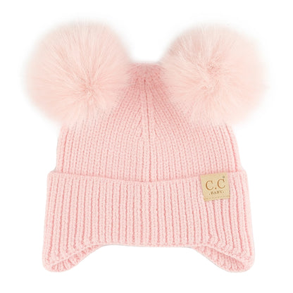 Infant Double Pom Faux Fur Earflap Beanie - Light Pink