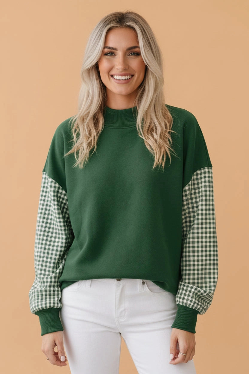 Gingham Sleeve Mock Neck