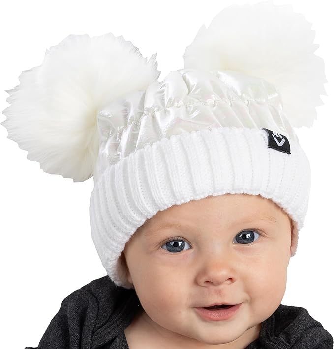 Infant Puffer Double Pom Beanie - White