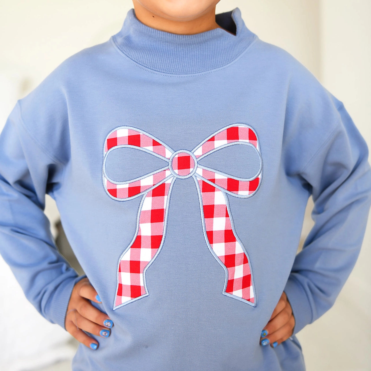 Blue Gingham Bow Mock Neck Flare Set