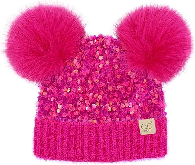 Infant Double Pom Chenille Cuff Sequin Beanie - Hot Pink