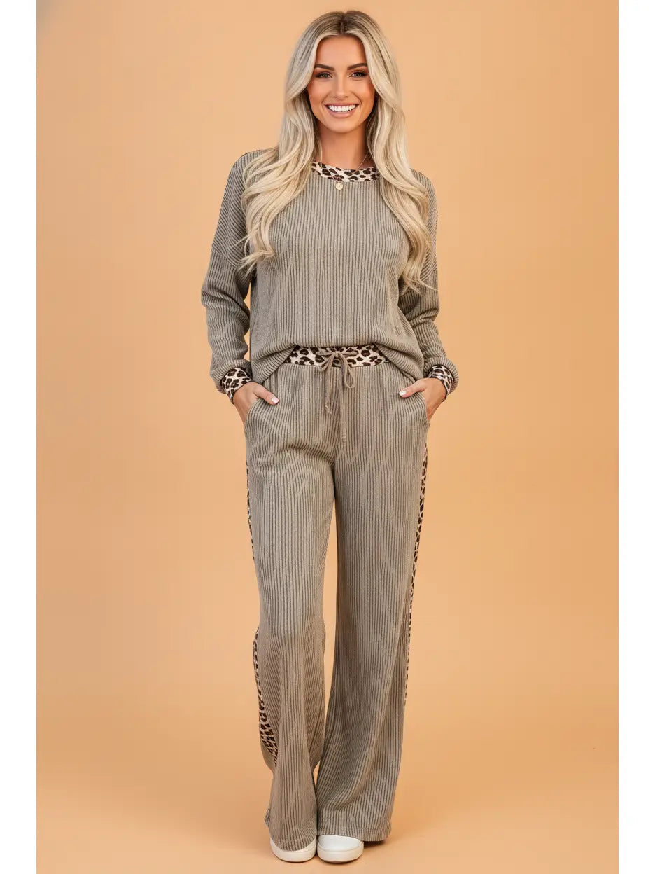 Leopard Trim Ribbed Long Sleeve Top & Pants Set