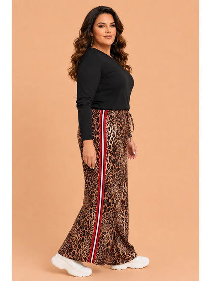 Leopard Side Stripe Wide Leg Pants - Curvy