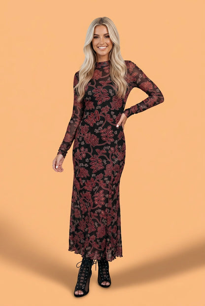 Retro Floral Mesh Maxi Dress
