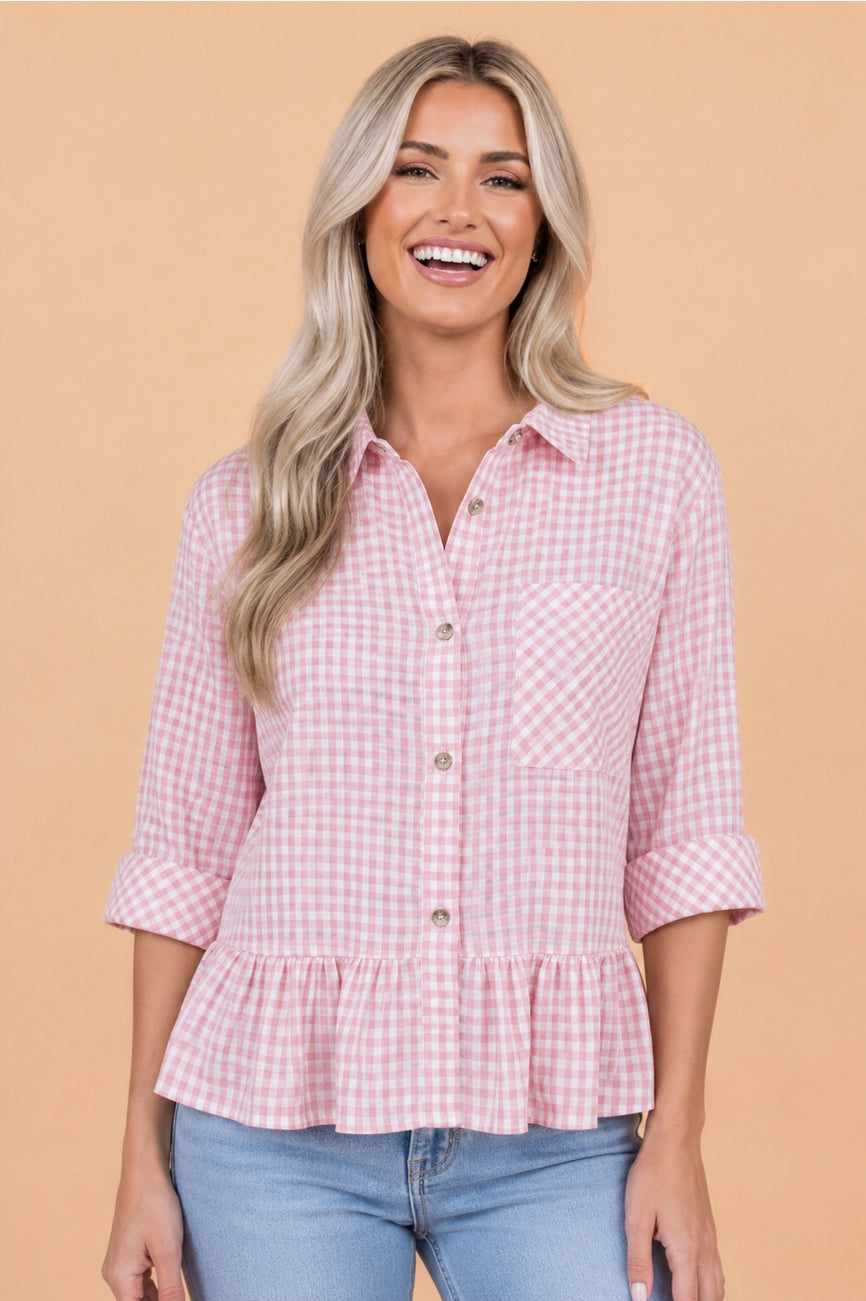 Light Pink Gingham Ruffle Button Up