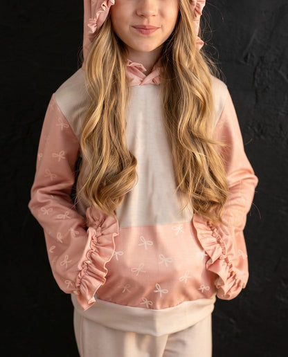 Pink Bow Hooded Ruffle Pocket Lounge Set