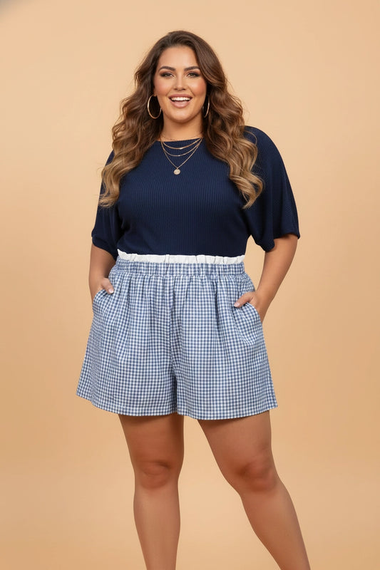 Light Blue Gingham Ruffle Trim Boxer Shorts - Curvy