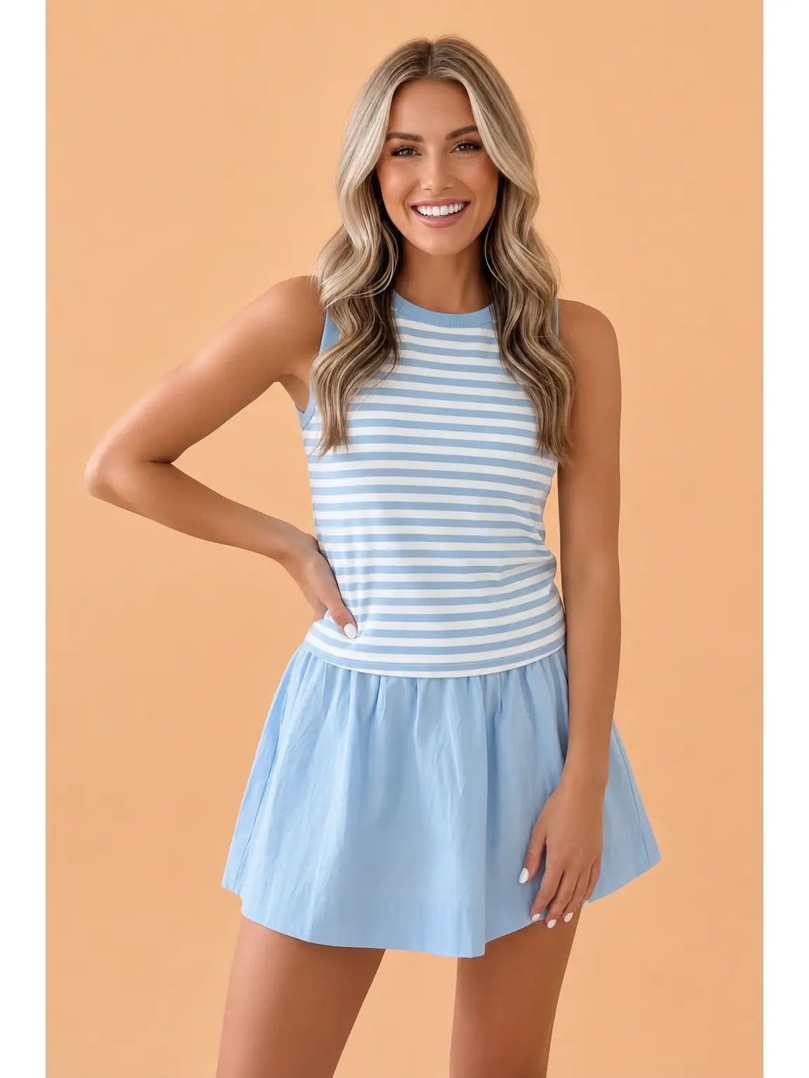 Blue Stripe Tank Top & Ruffle Skort Set