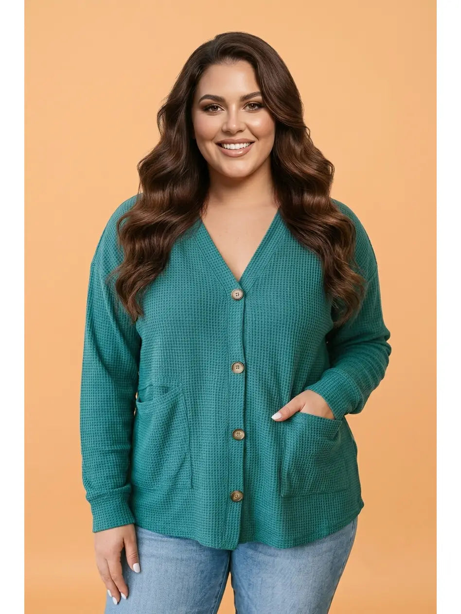 Waffle Knit Button Cardigan - Curvy