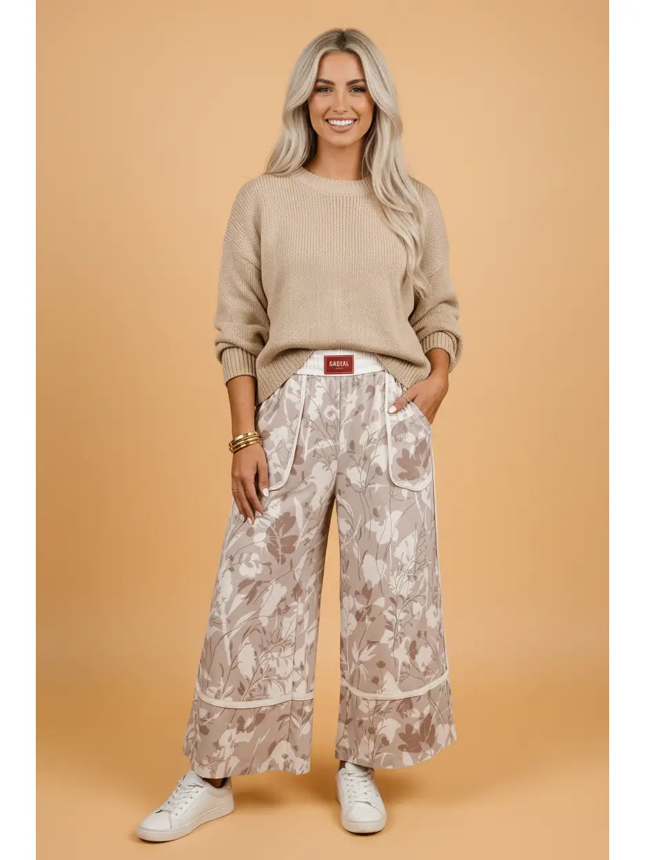 Beige Floral Wide Leg Pants