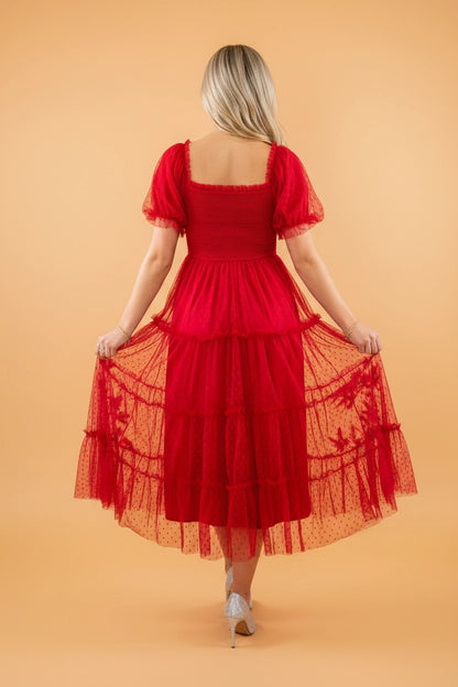 Red Swiss Dot Tulle Puff Sleeve Midi Dress