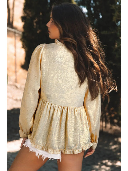 Gold Metallic V-Neck Puff Sleeve Babydoll Blouse