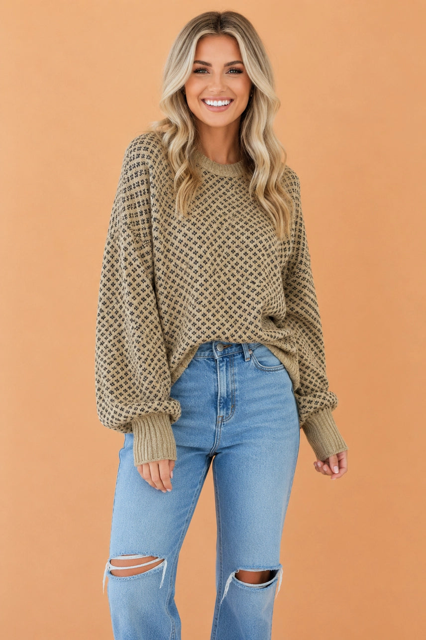 Khaki Geometric Ribbed Sweater