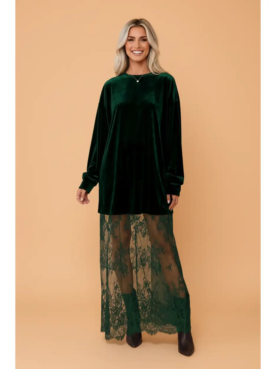 Deep Green Velvet Lace Hem Maxi Dress