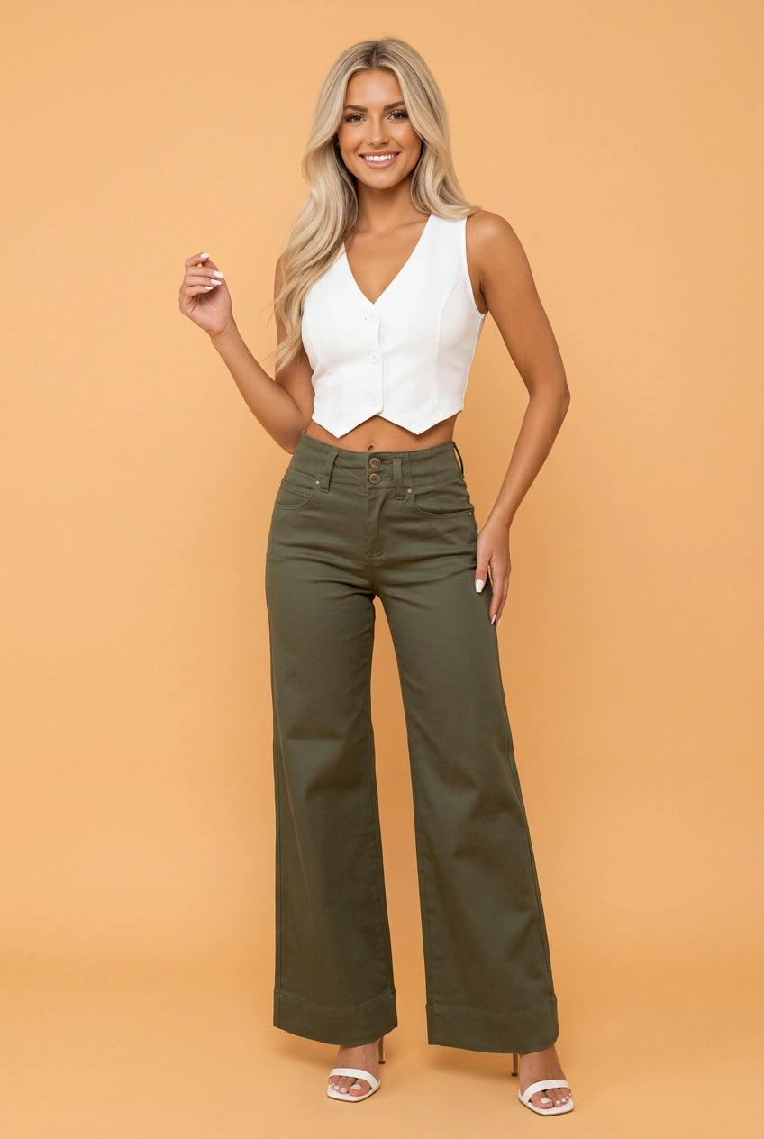 Green Denim High Waist Wide Leg Jeans