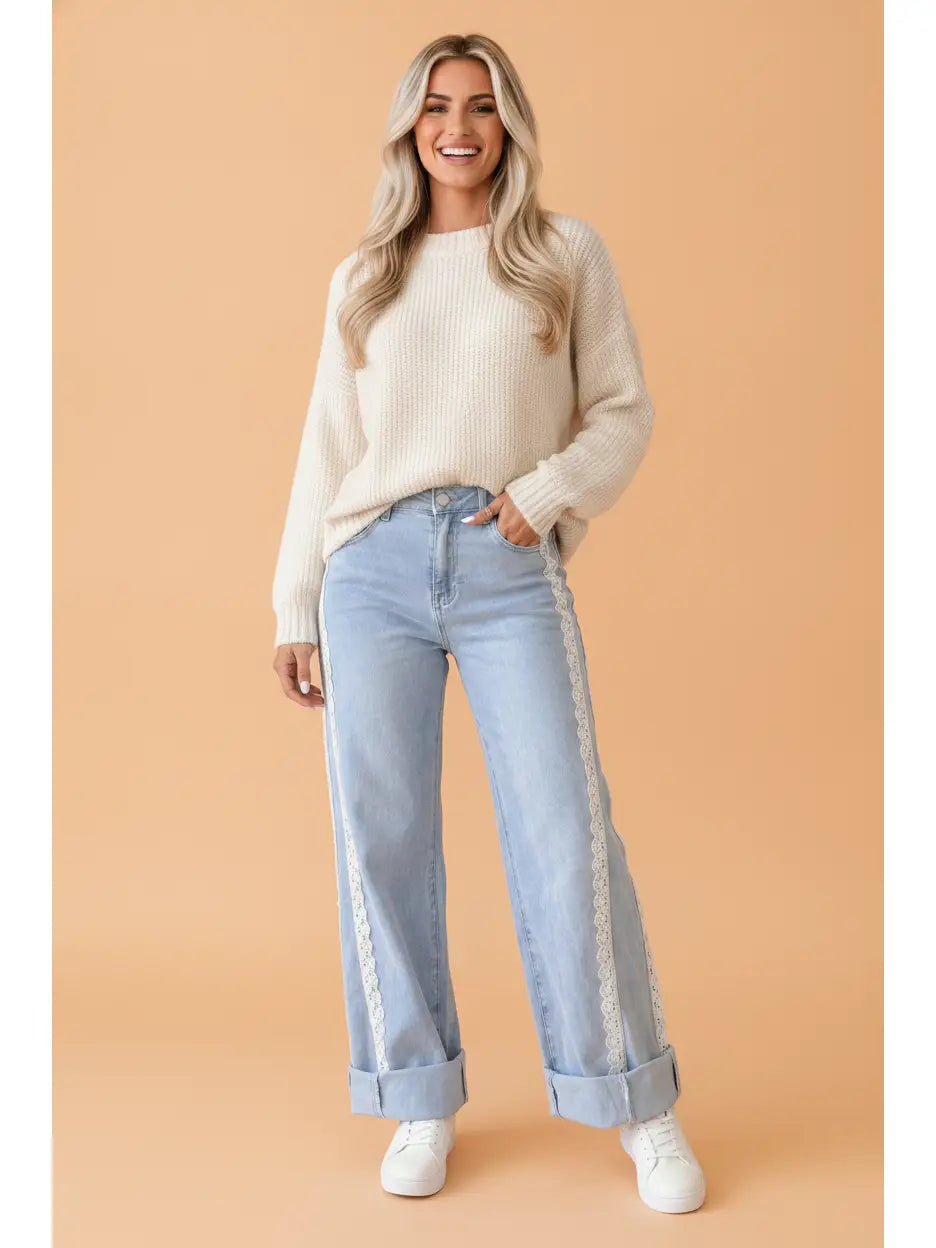 Lace Trim Side Stripe Straight Leg Jeans